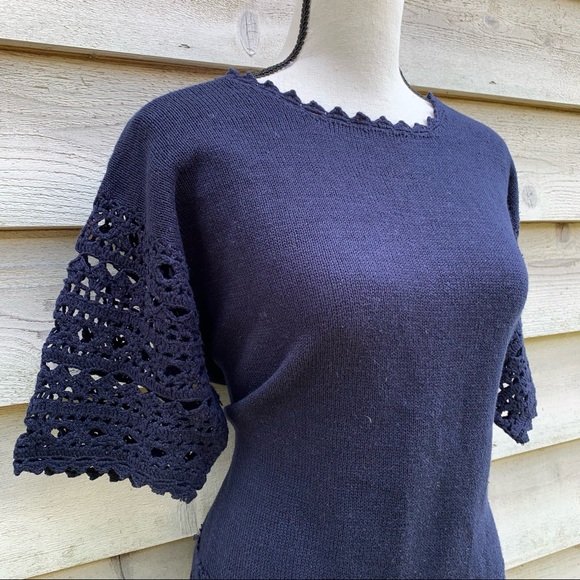 Vintage 90s Navy Blue Solid Print Crochet Trim Short Sleeve Knit Sweater Blouse - Picture 5 of 16